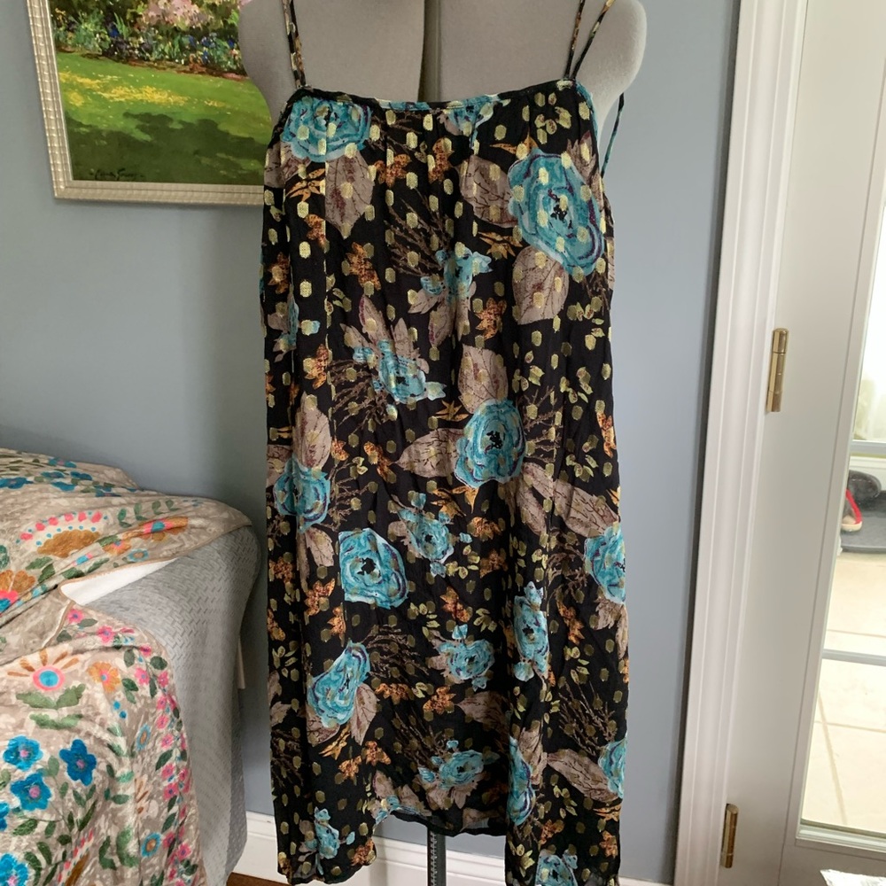 NATURAL LIFE Black Midi Dress with Teal and Beige Floral Print